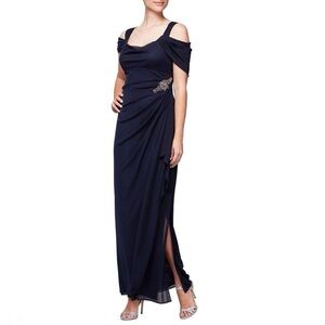 Alex Evenings Off Shoulder Gown Blue Chiffon Bead Embellished Dress Size 10